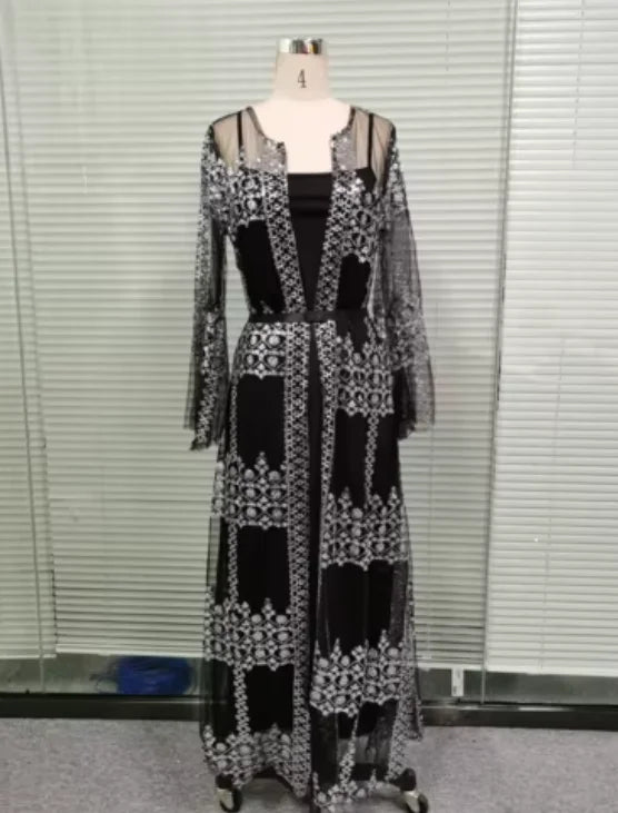 2025 Abaya Dubai Muslim Luxury Dress High Class Embroidery Lace Sequins Ramadan Kaftan Isla African Clothes 2 Piece Set