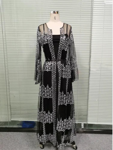 2025 Abaya Dubai Muslim Luxury Dress High Class Embroidery Lace Sequins Ramadan Kaftan Isla African Clothes 2 Piece Set