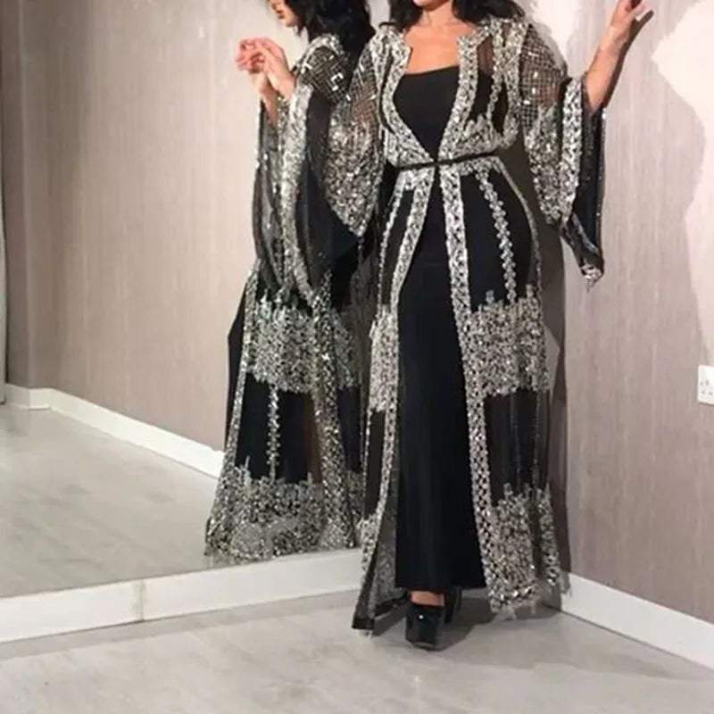 2025 Abaya Dubai Muslim Luxury Dress High Class Embroidery Lace Sequins Ramadan Kaftan Isla African Clothes 2 Piece Set