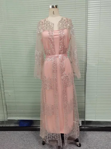 2025 Abaya Dubai Muslim Luxury Dress High Class Embroidery Lace Sequins Ramadan Kaftan Isla African Clothes 2 Piece Set