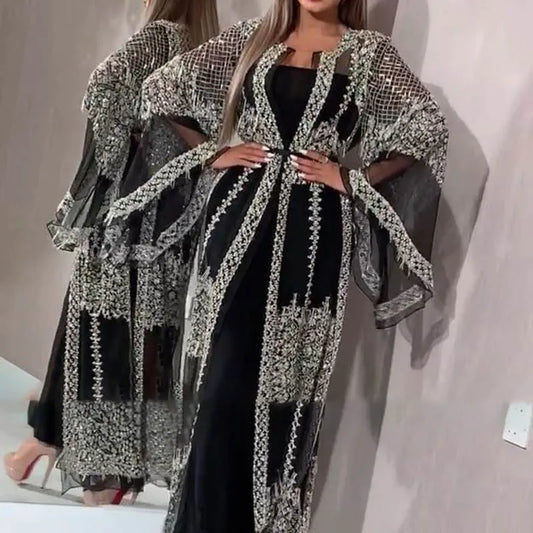 2025 Abaya Dubai Muslim Luxury Dress High Class Embroidery Lace Sequins Ramadan Kaftan Isla African Clothes 2 Piece Set