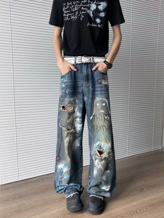 2025 Cyber Y2K Streetwear Graffiti Baggy Ripped Jeans Pants For Men 90S Vintage Clothes Distressed Blue Straight Denim Trousers