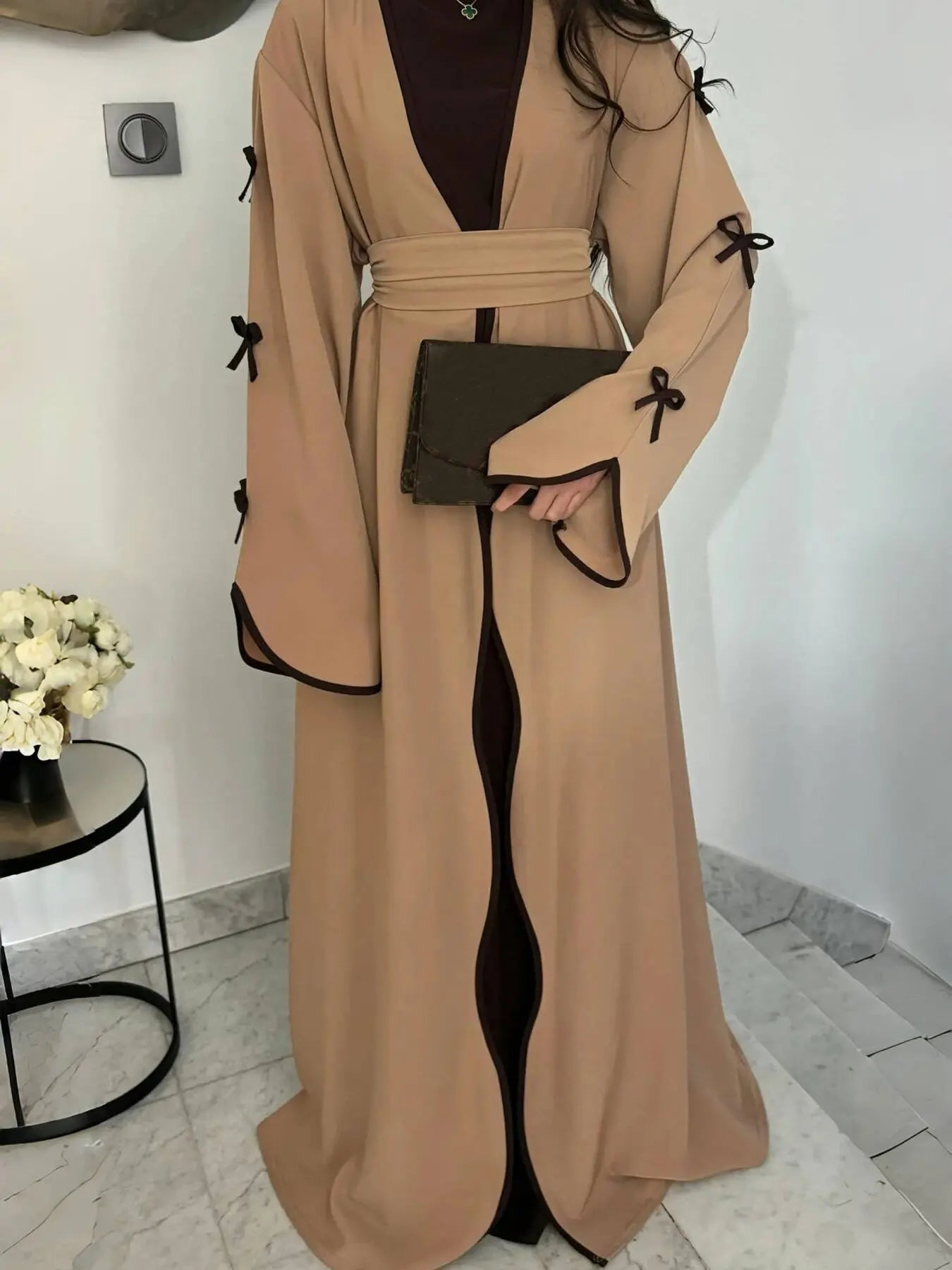 2025 New Dubai Stylish Islamic Black Abaya for Muslim Women Belted Design with Bow Detailing Modest Long Dress for Middle East