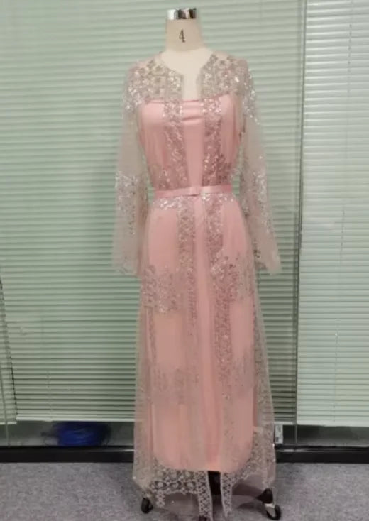 2025 Abaya Dubai Muslim Luxury Dress High Class Embroidery Lace Sequins Ramadan Kaftan Isla African Clothes 2 Piece Set