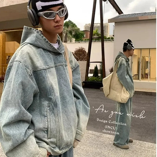 2024 Men's Denim Sweatshirt Hoodie American Style Vintage Street Clothes Loose Fit Jacket For Spring Autumn